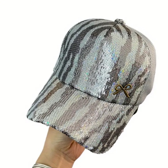 Accessories - Silver Sequin Animal Striped Gold Bow Cap